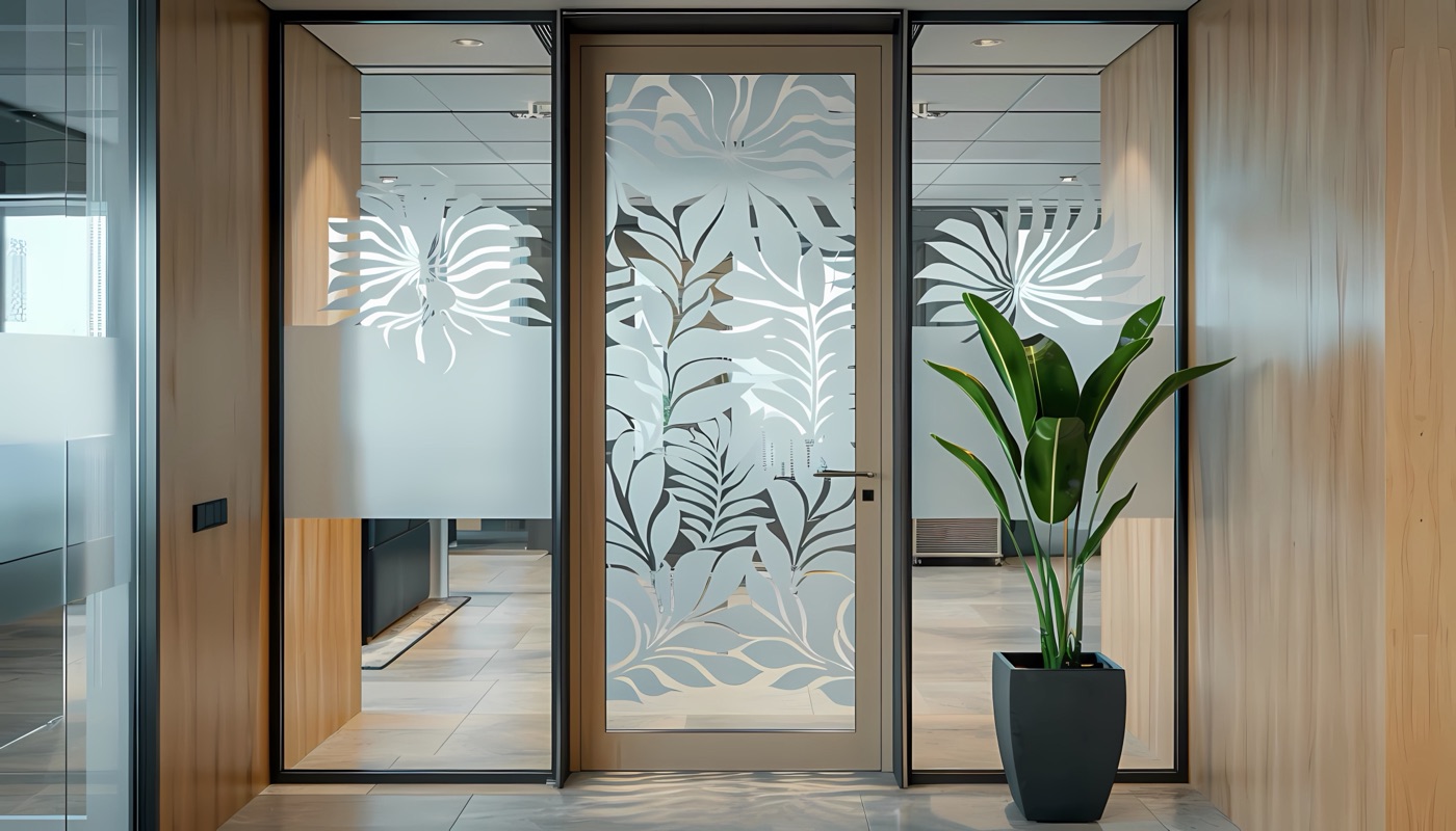 Frosted cut-vinyl privacy graphics with a leaf pattern on an office glass door