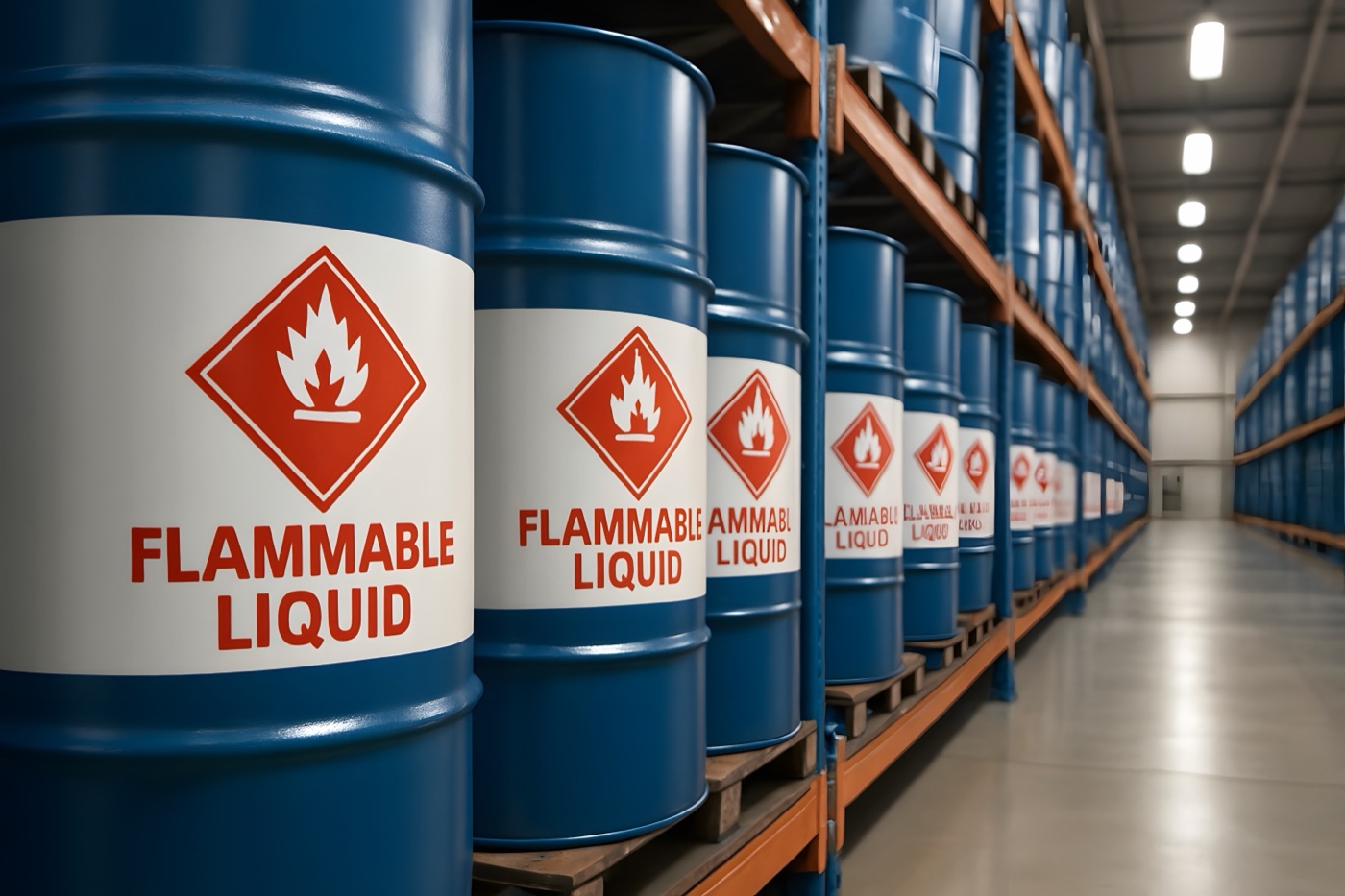 Flammable liquid hazard labels on blue industrial drums in a warehouse